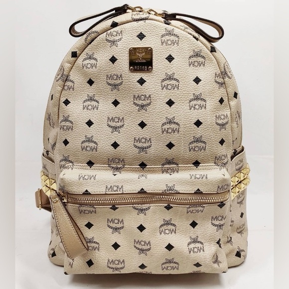 MCM Handbags - MCM Cream and Black Logo Backpack